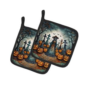 La Catrina Skeleton Spooky Halloween Pair of Pot Holders Kitchen Heat Resistant Pot Holders Sets Oven Hot Pads for Cooking Baking BBQ, 7 1/2 x 7 1/2 (Default: Default)