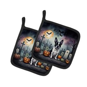 Boston Terrier Spooky Halloween Pair of Pot Holders Kitchen Heat Resistant Pot Holders Sets Oven Hot Pads for Cooking Baking BBQ, 7 1/2 x 7 1/2 (Default: Default)