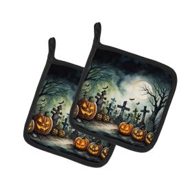 Graveyard Spooky Halloween Pair of Pot Holders Kitchen Heat Resistant Pot Holders Sets Oven Hot Pads for Cooking Baking BBQ, 7 1/2 x 7 1/2 (Default: Default)
